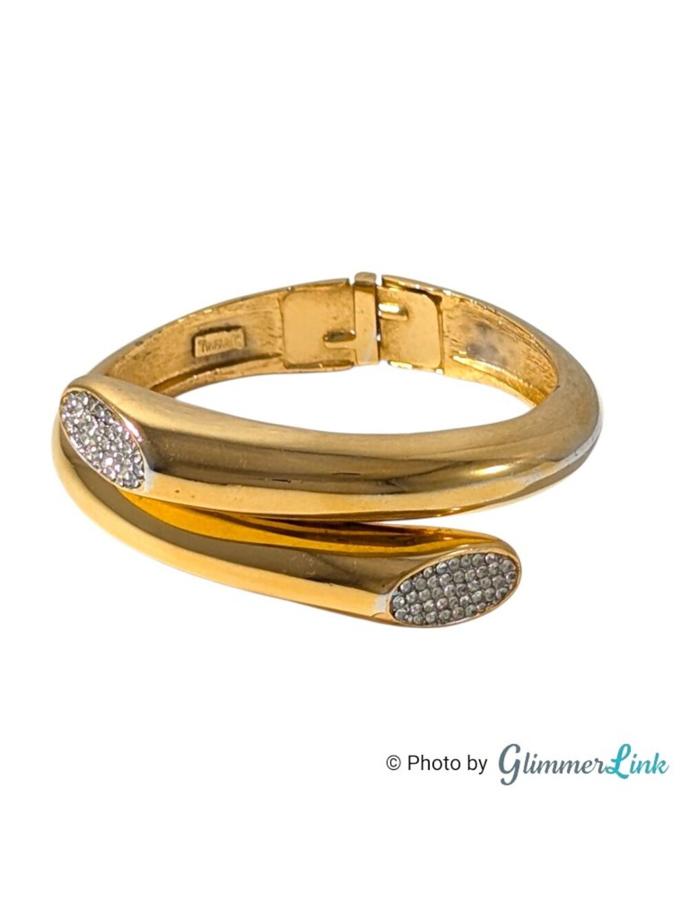 Trifari Vintage Gold Tone Rhinestone Hinged Bypass Clamper Bracelet 5 1/2"